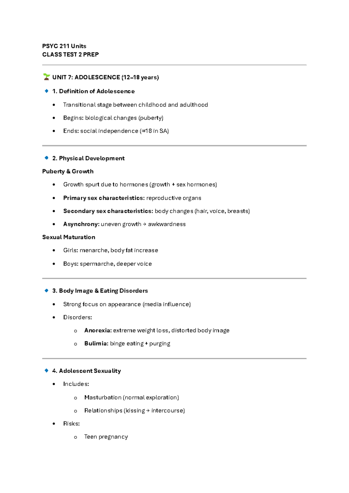 PSYC 211 Class Test 2 Prep: Adolescence to Ageing Insights - Studocu