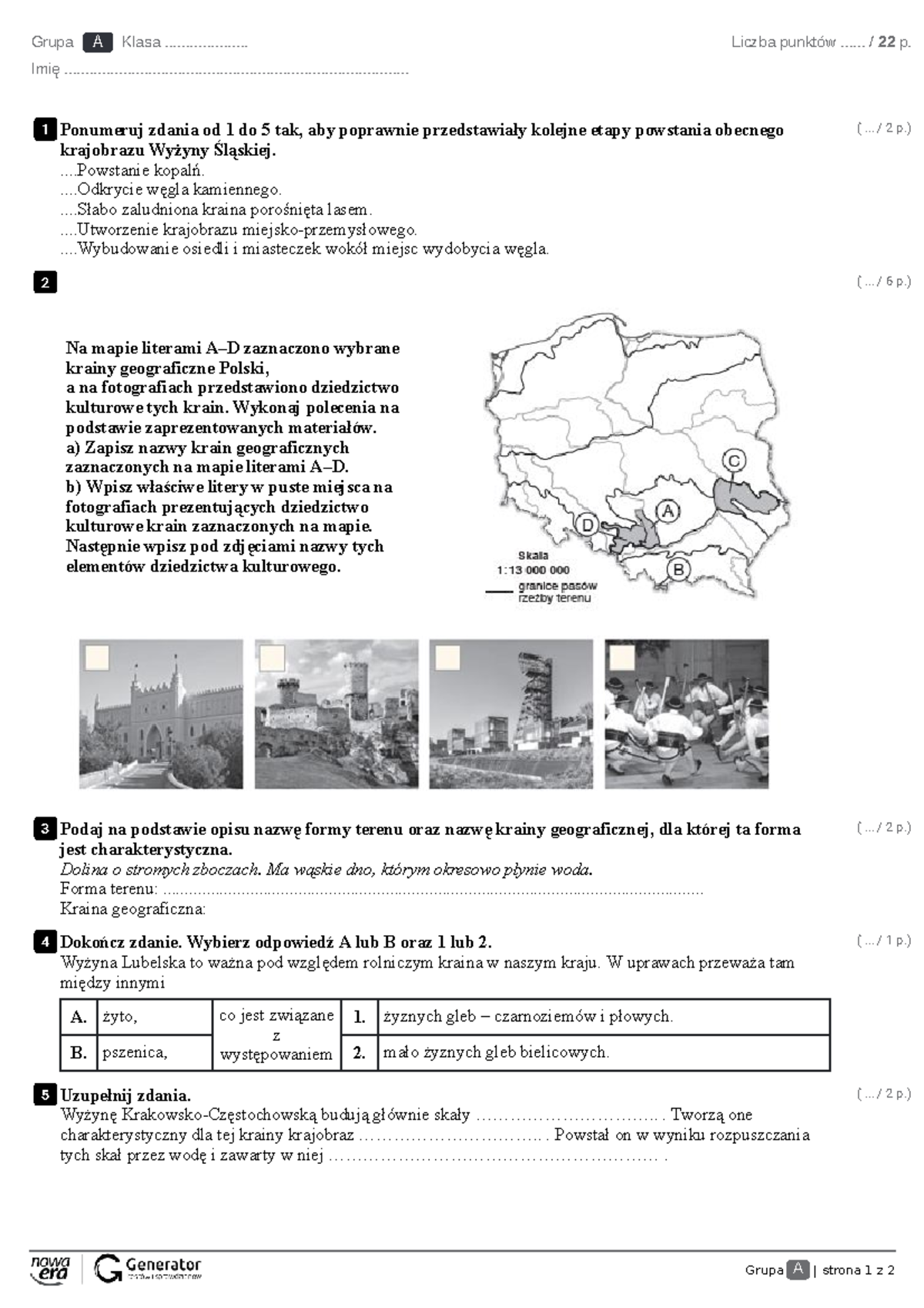 Krajobrazy Polski część 2 Test (z widoczną punktacją) - Grupa A