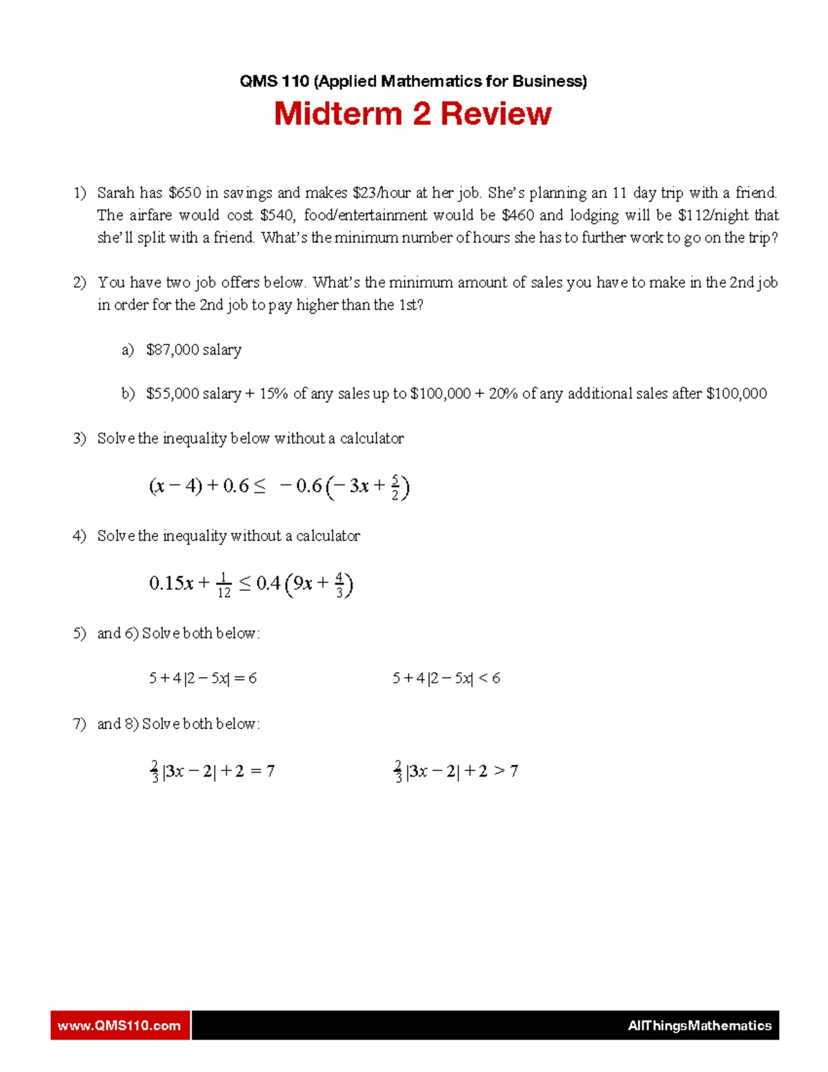 QMS 110 Test I Review Exercises and Solutions - Studocu