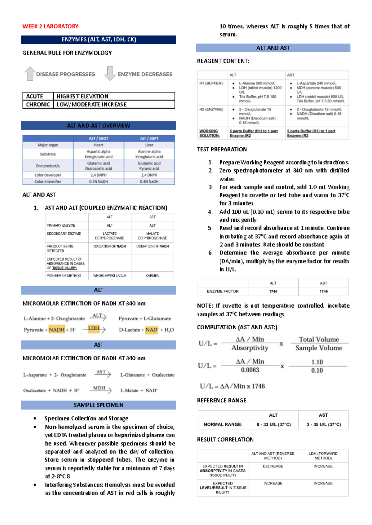 Enzymes Clinical Chem 2 - WEEK 2 LABORATORY ENZYMES (ALT, AST, LDH, CK ...