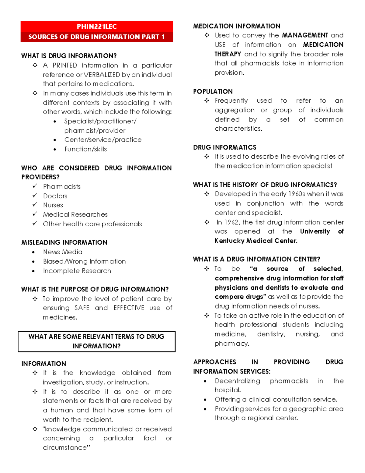 PHIN221LEC Lecture Notes on Drug Information: Concepts & Resources ...