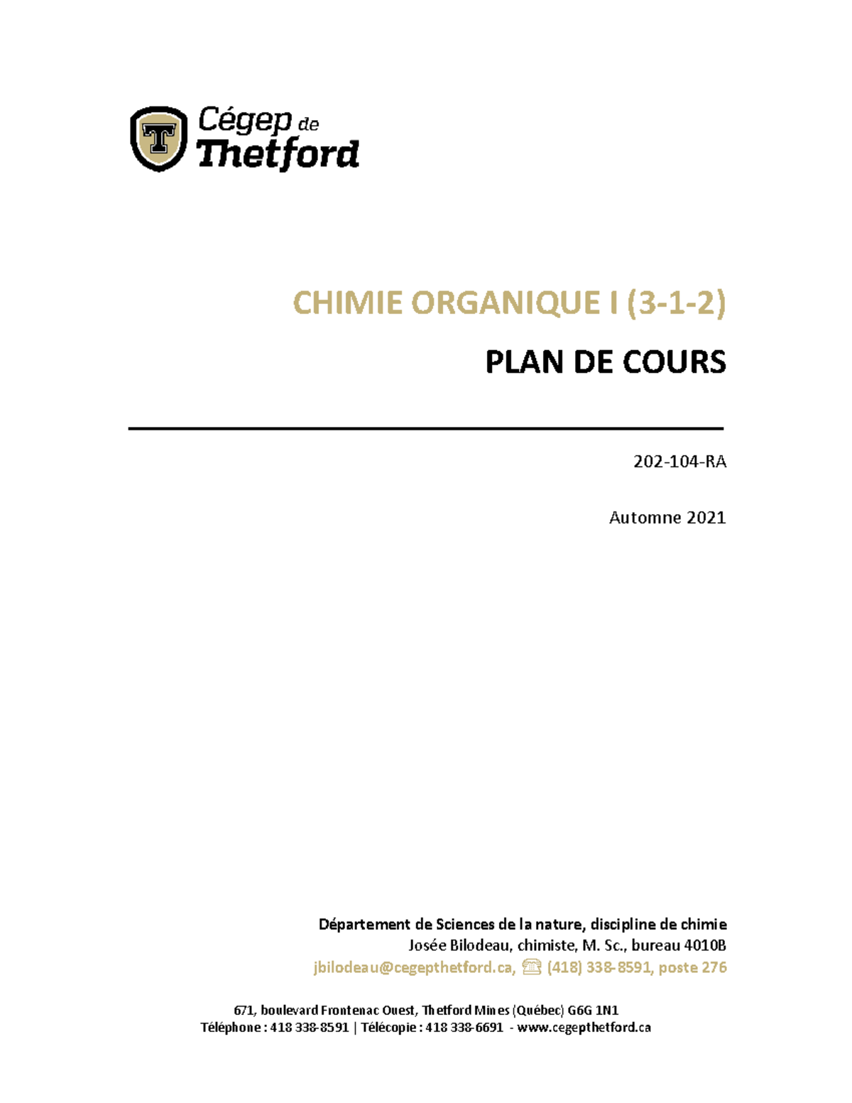 Plan de Cours - Chimie Organique I - 202-104-RA Automne 2021 - Document Preview