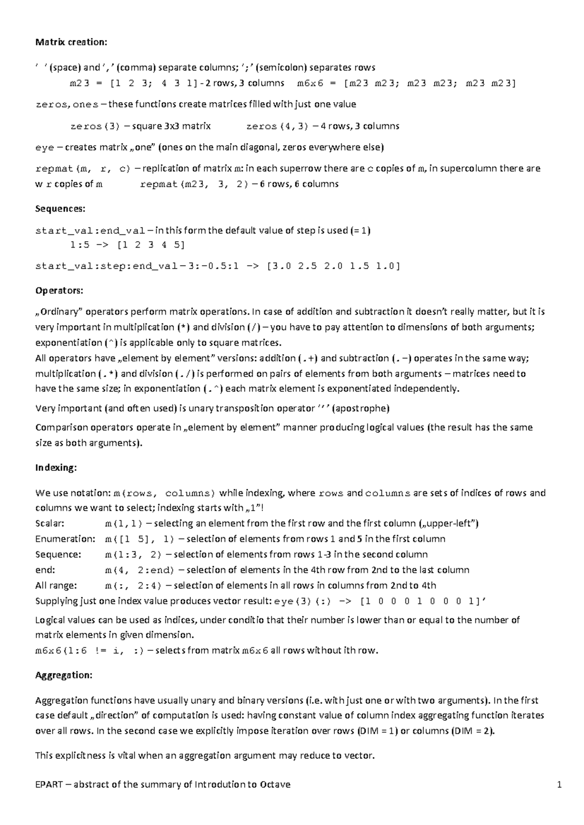 Octave Basics: Matrix Creation & Operations - Summary Notes - Studocu