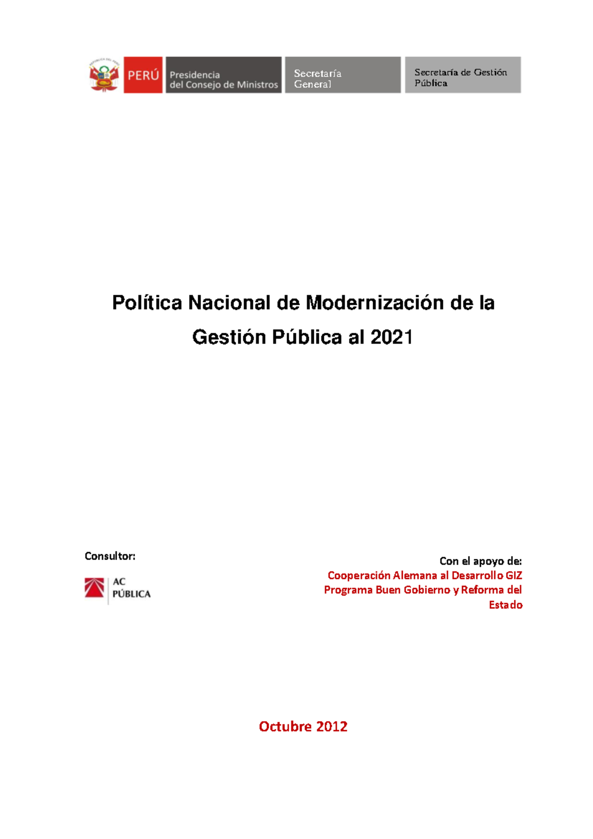 Política Nacional de Modernización de la Gestión Pública al 2021 - SGP ...