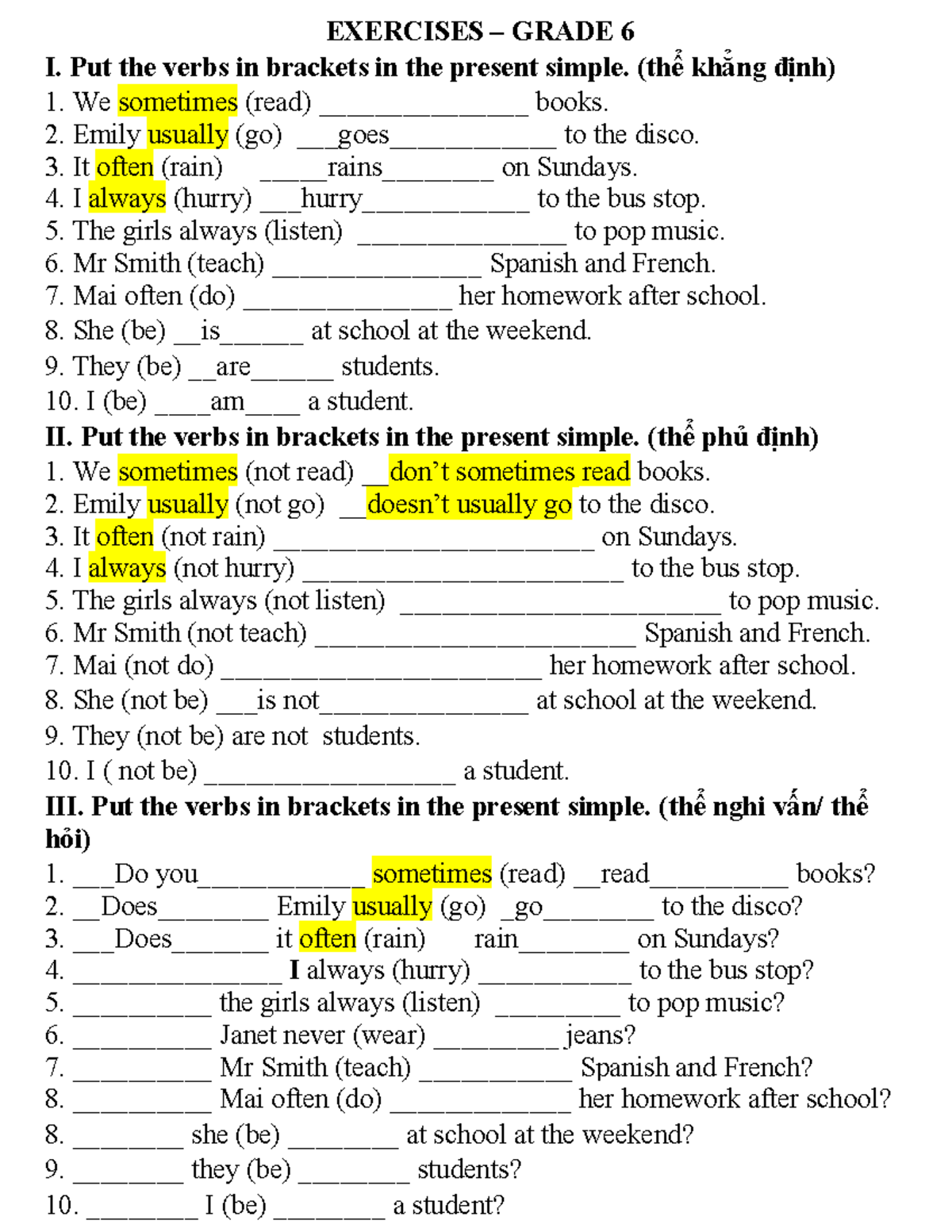 Exercises for Grade 6: Present Simple & Continuous (IN BT6 U1-3) - Studocu