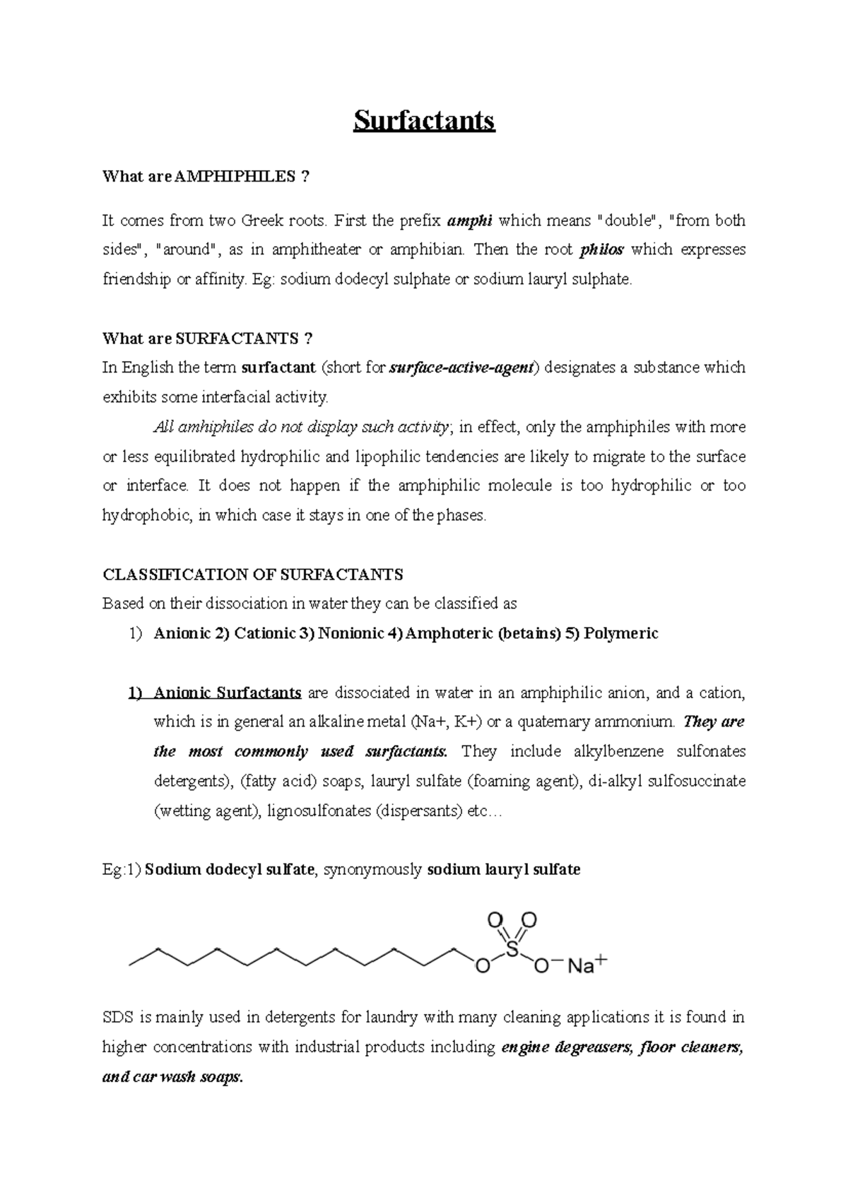 Lecture Notes on Surfactants and Amphiphile Classification - Studocu