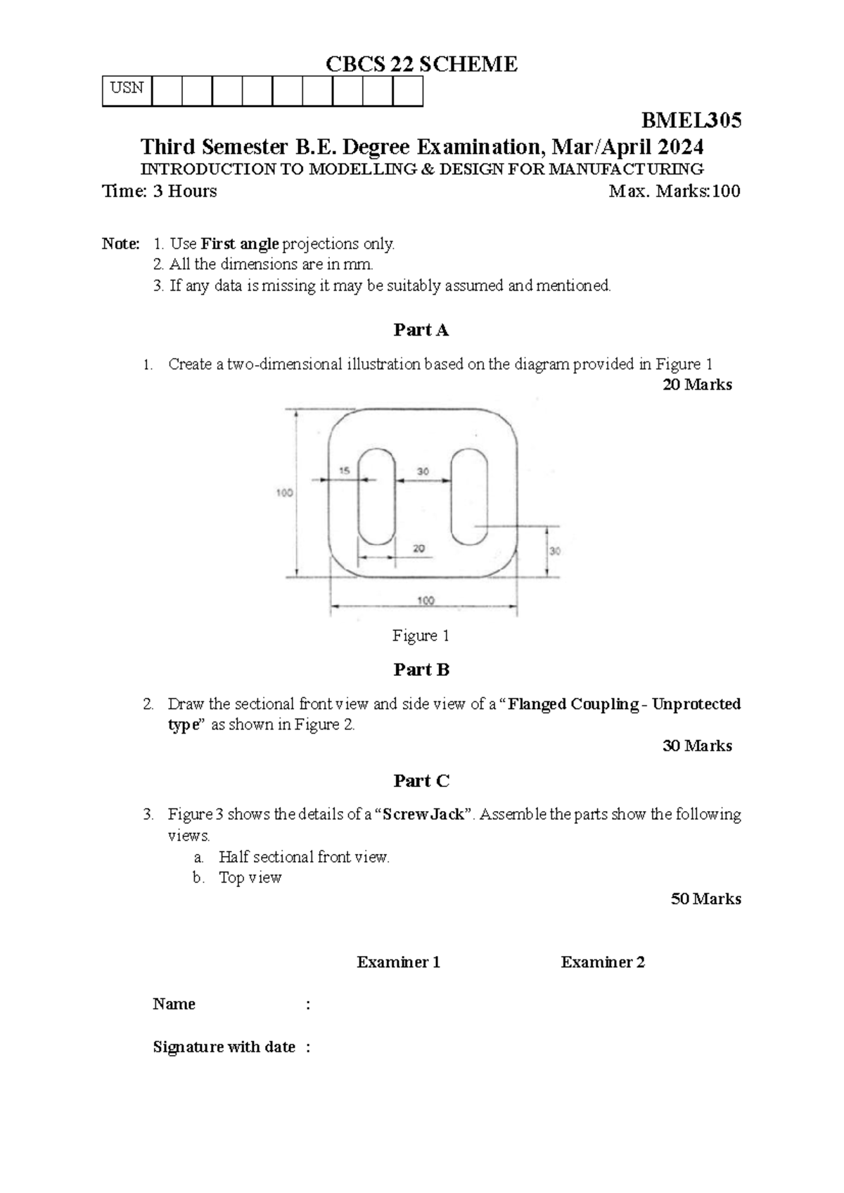 CBCS 22 SCHEME USN BMEL305 Third Sem B.E. Exam 2024: Modelling Design ...