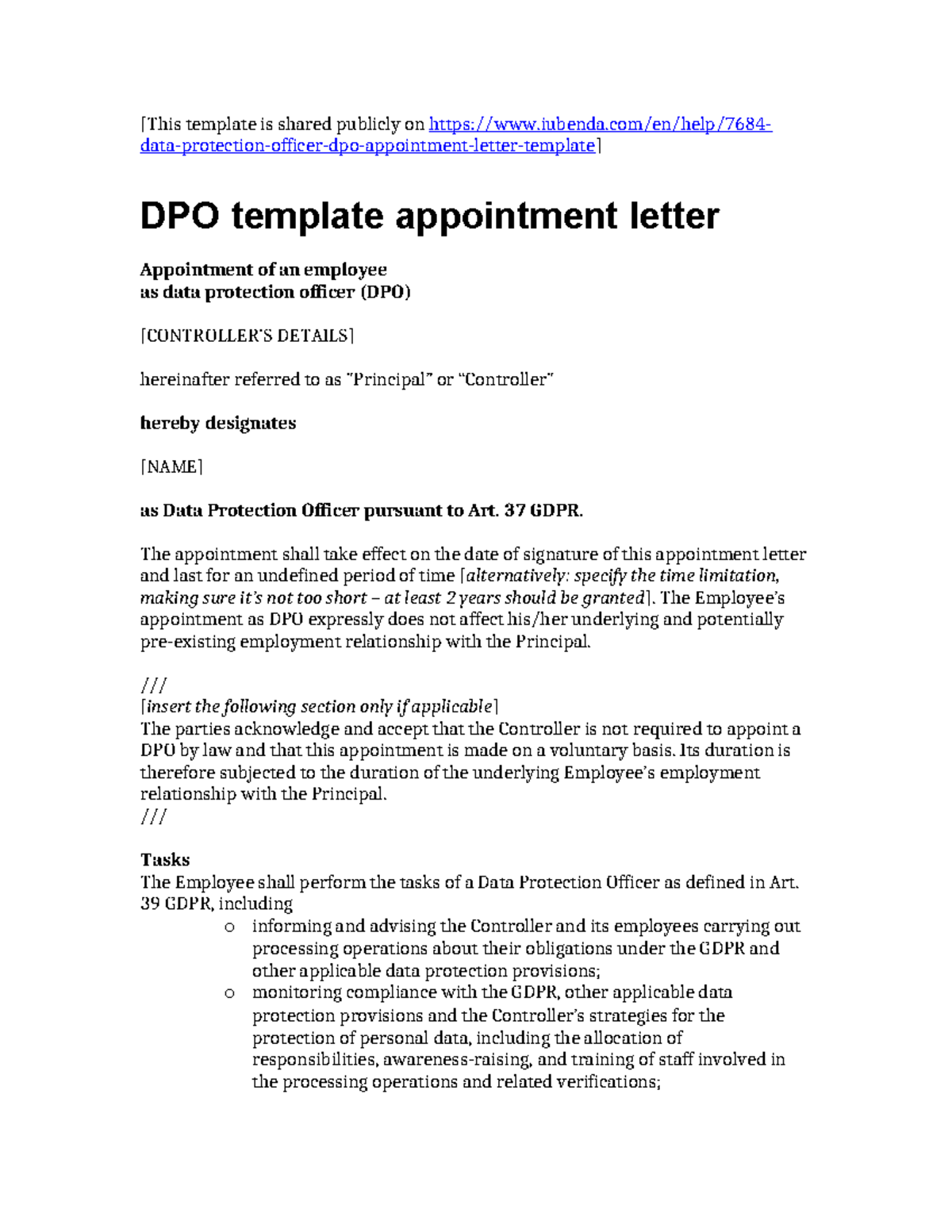 DPO Appointment Letter Template - GDPR Compliance Guidelines - Studocu