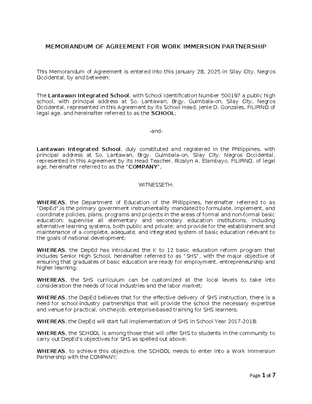LIS Work Immersion MOA - MEMORANDUM OF AGREEMENT FOR WORK IMMERSION ...