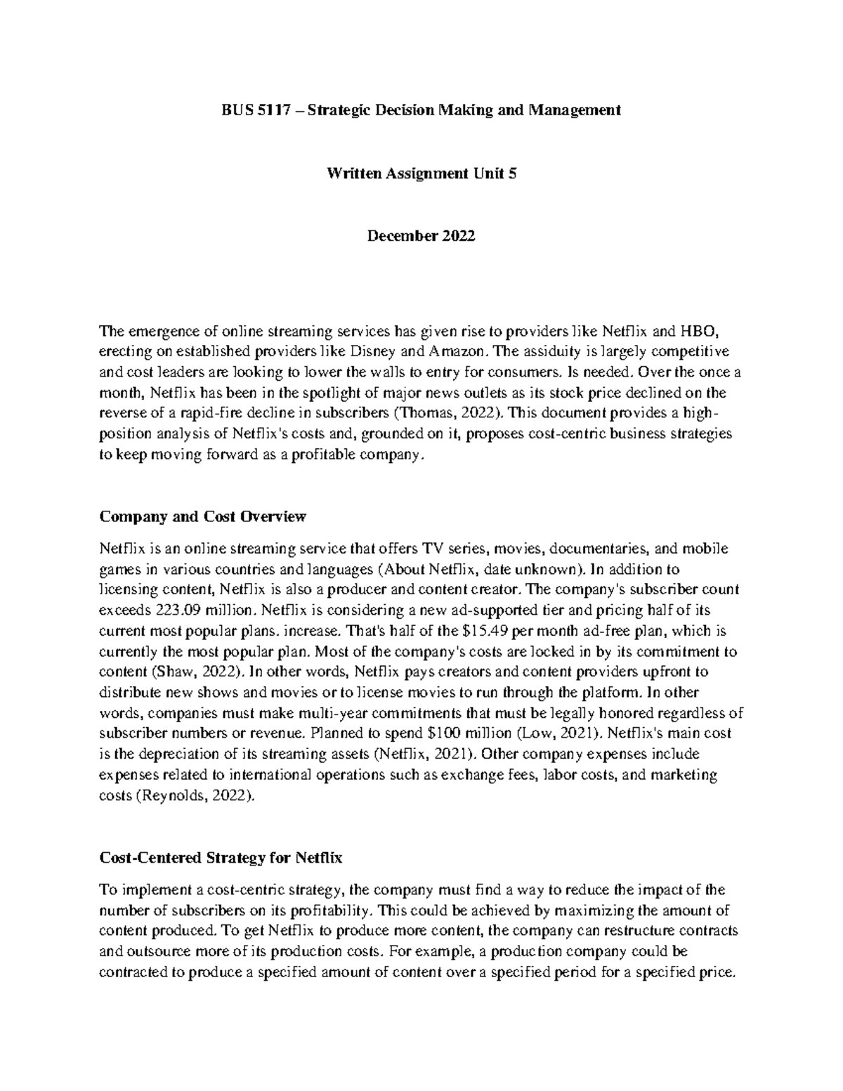 SM Unit 5 Written assignment - BUS 5117 – Strategic Decision Making and ...