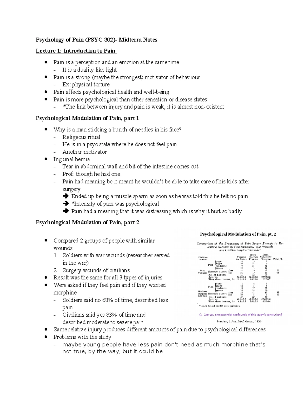 PSYC 302 Midterm 1 Notes: Understanding Pain in Psychology - Studocu