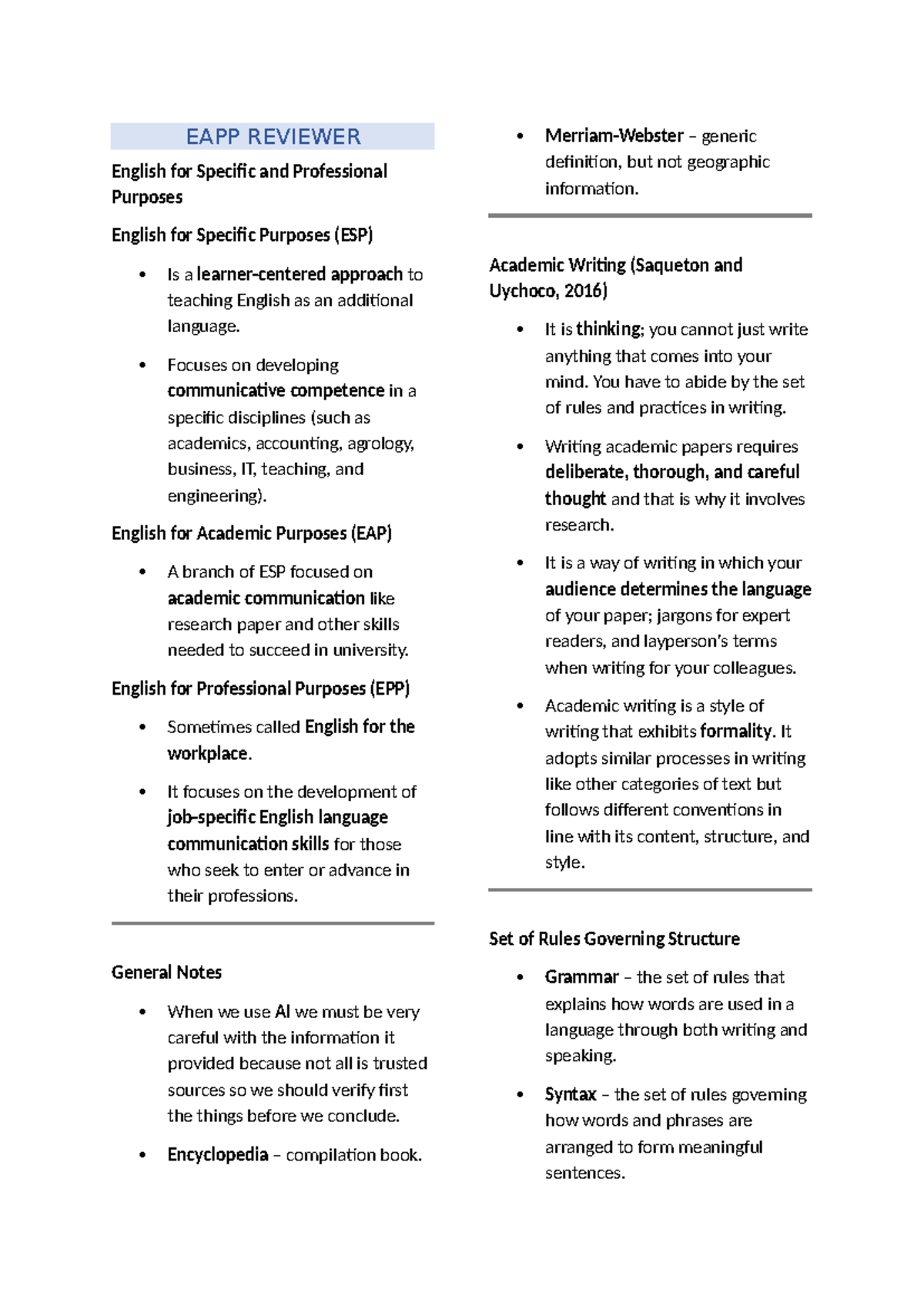 EAPP Reviewer: English for Specific and Professional Purposes - Studocu