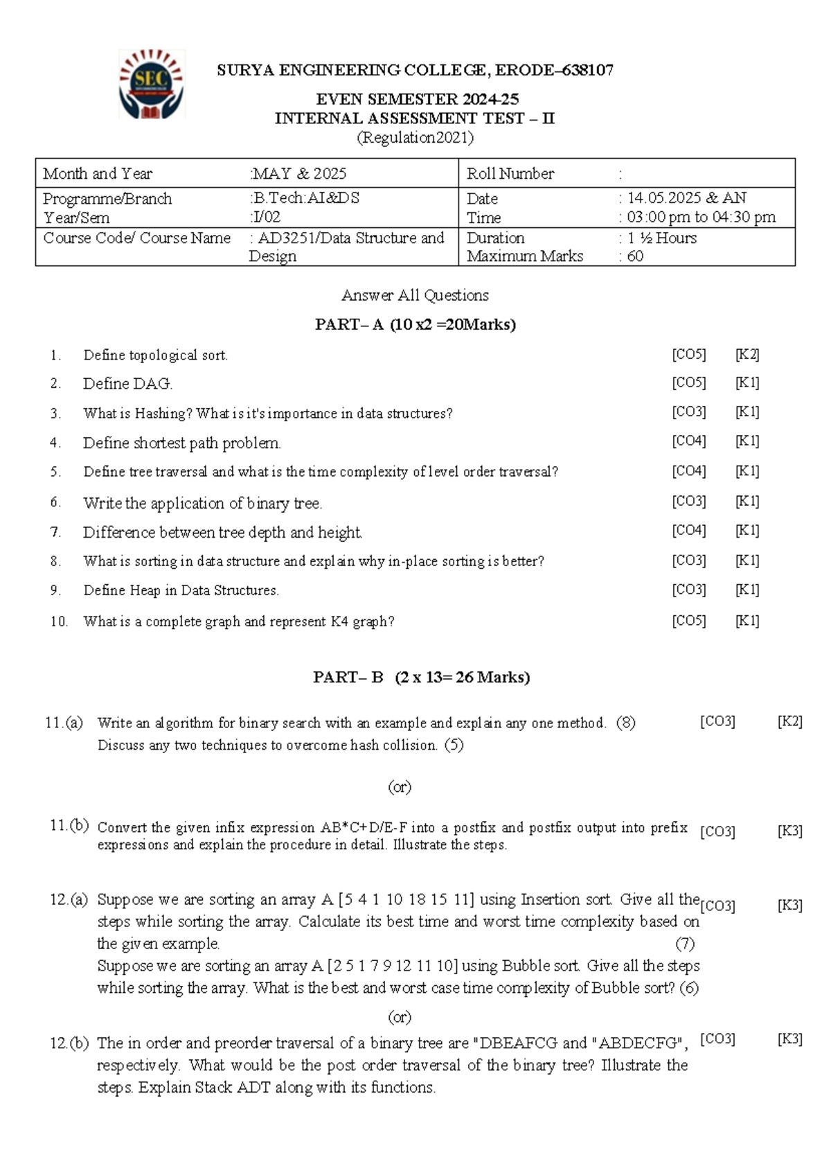 AI&DS QP II - Internal Assessment Test Notes (Reg 2021) - Studocu