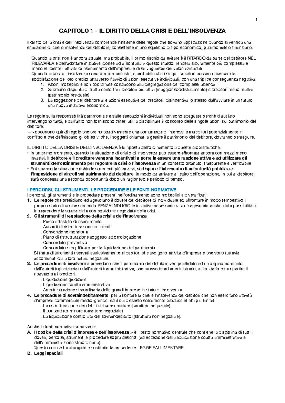 Capitolo 1: Il Diritto della Crisi e le Procedure Concorsuali (1 DF) - Document Preview
