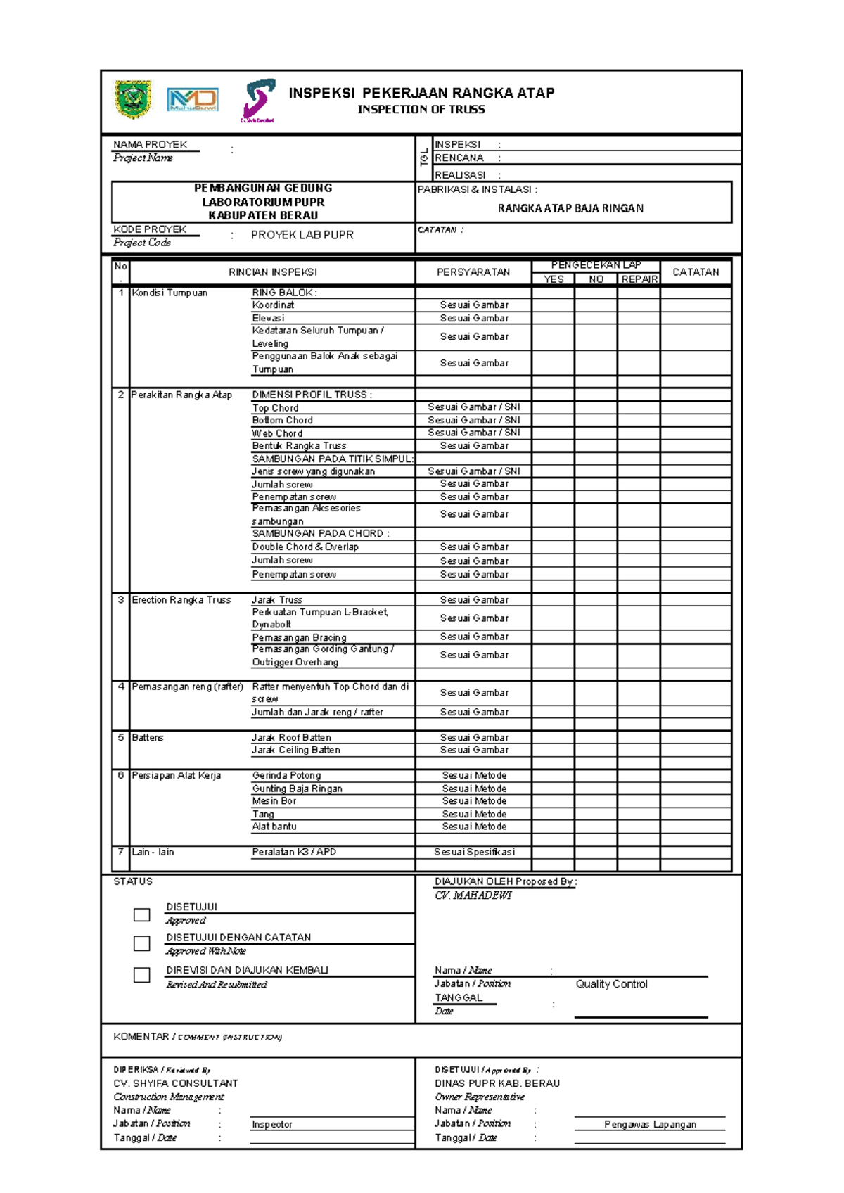 Check List Inspeksi Rangka Atap Baja Ringan - Proyek PUPR - Document Preview