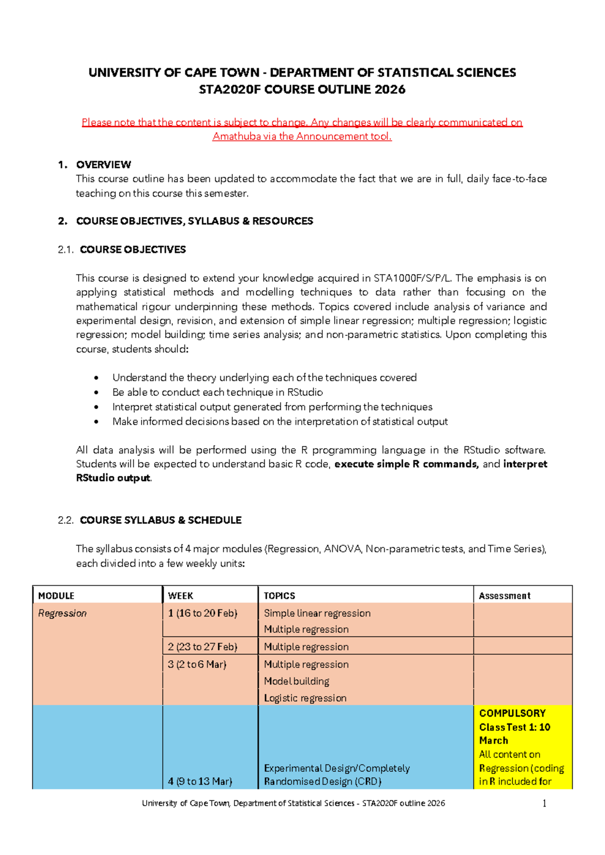 STA2020F 2026 Course Outline: Statistical Methods & RStudio - Studocu