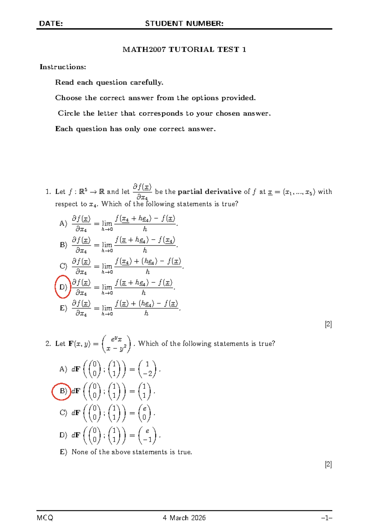 MATH2007 Tutorial Test 1 Memo - March 2026 - Studocu