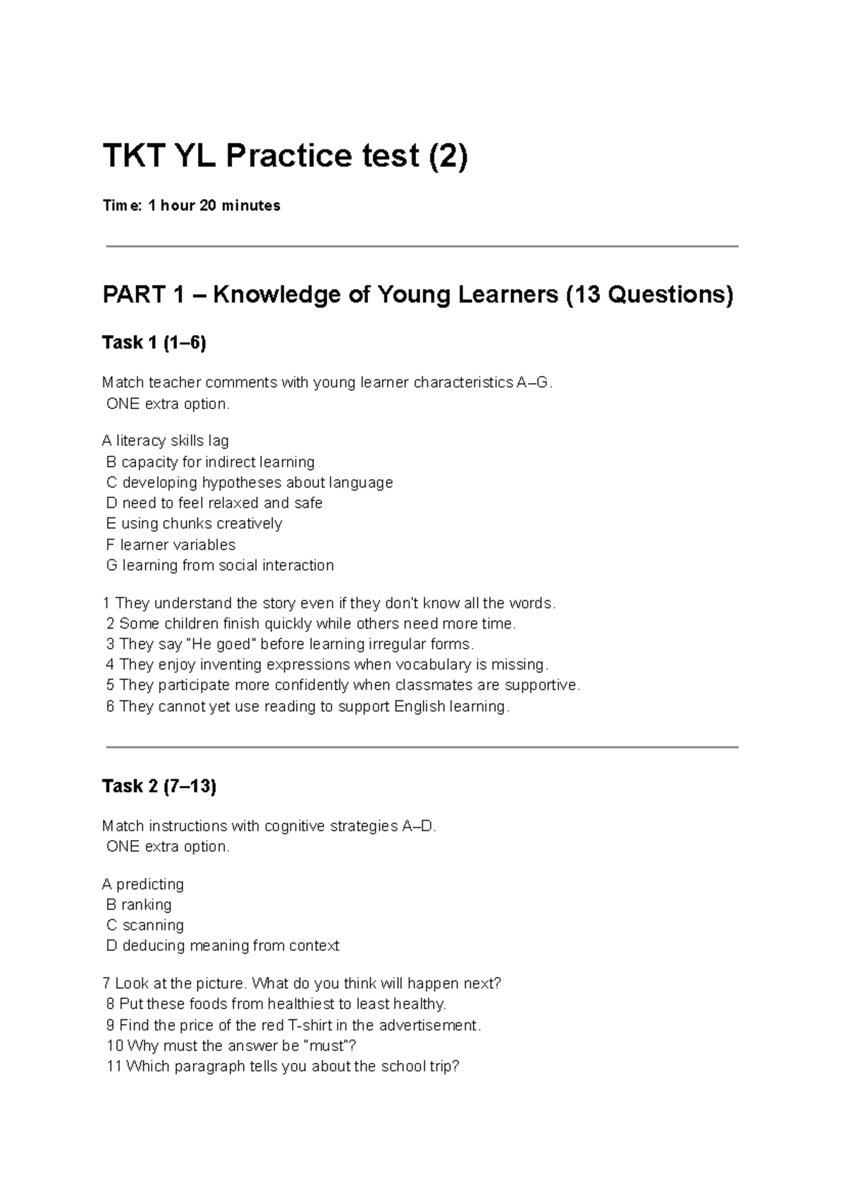 TKT YL Practice Test: Knowledge & Planning for Young Learners - Studocu