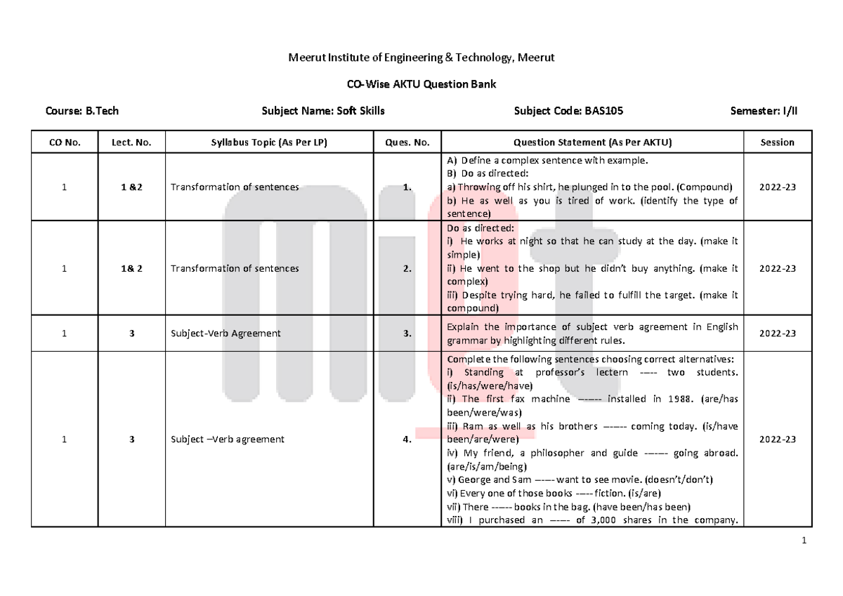 B.Tech BAS105 Soft Skills Question Bank - AKTU Exam Preparation - Studocu