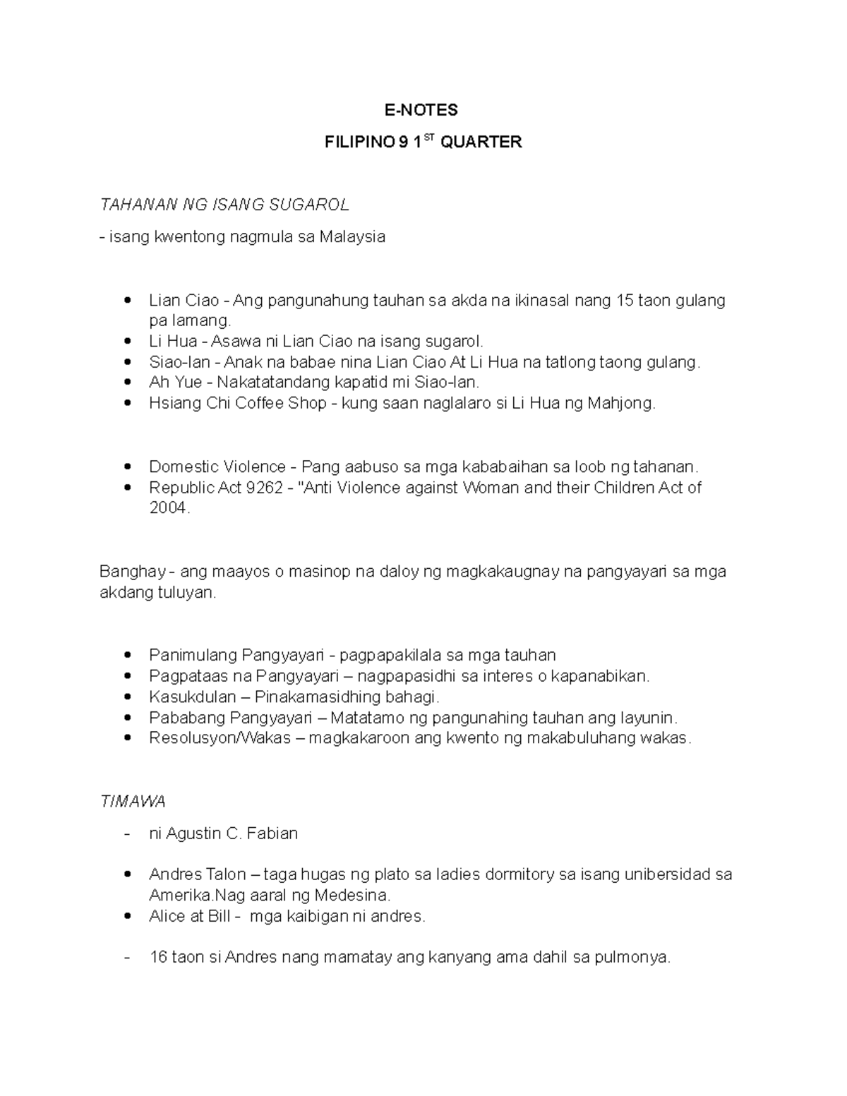 E-Notes for Filipino 9: 1st Quarter Literary Analysis - Studocu