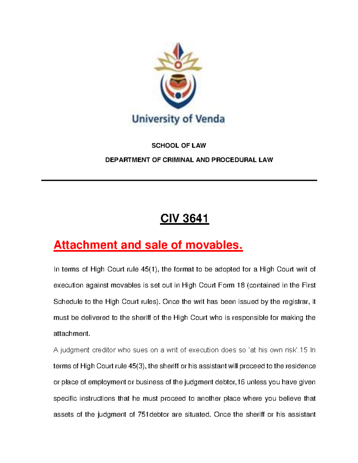CIV 3641: Attachment and Sale of Movables – Legal Procedures and Rules ...