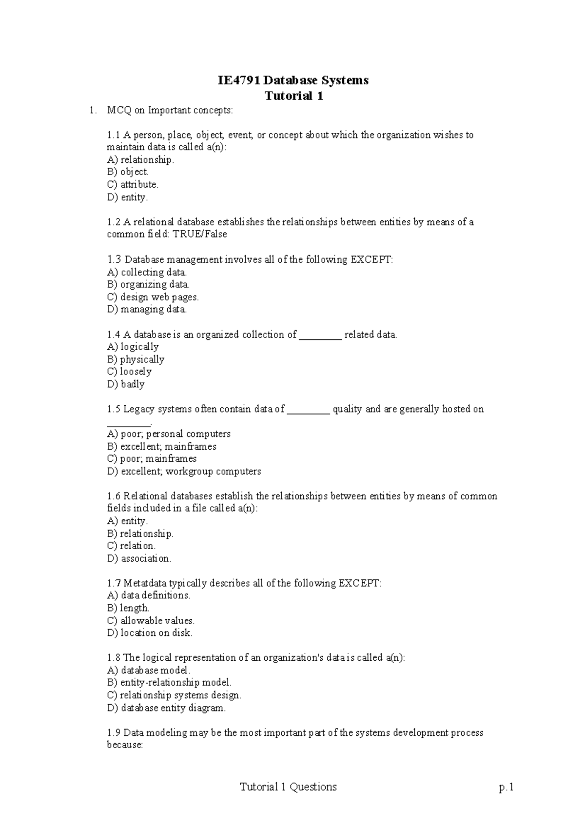 IE4791 Tut 1 Questions - Database Systems Tutorial 1 - Studocu