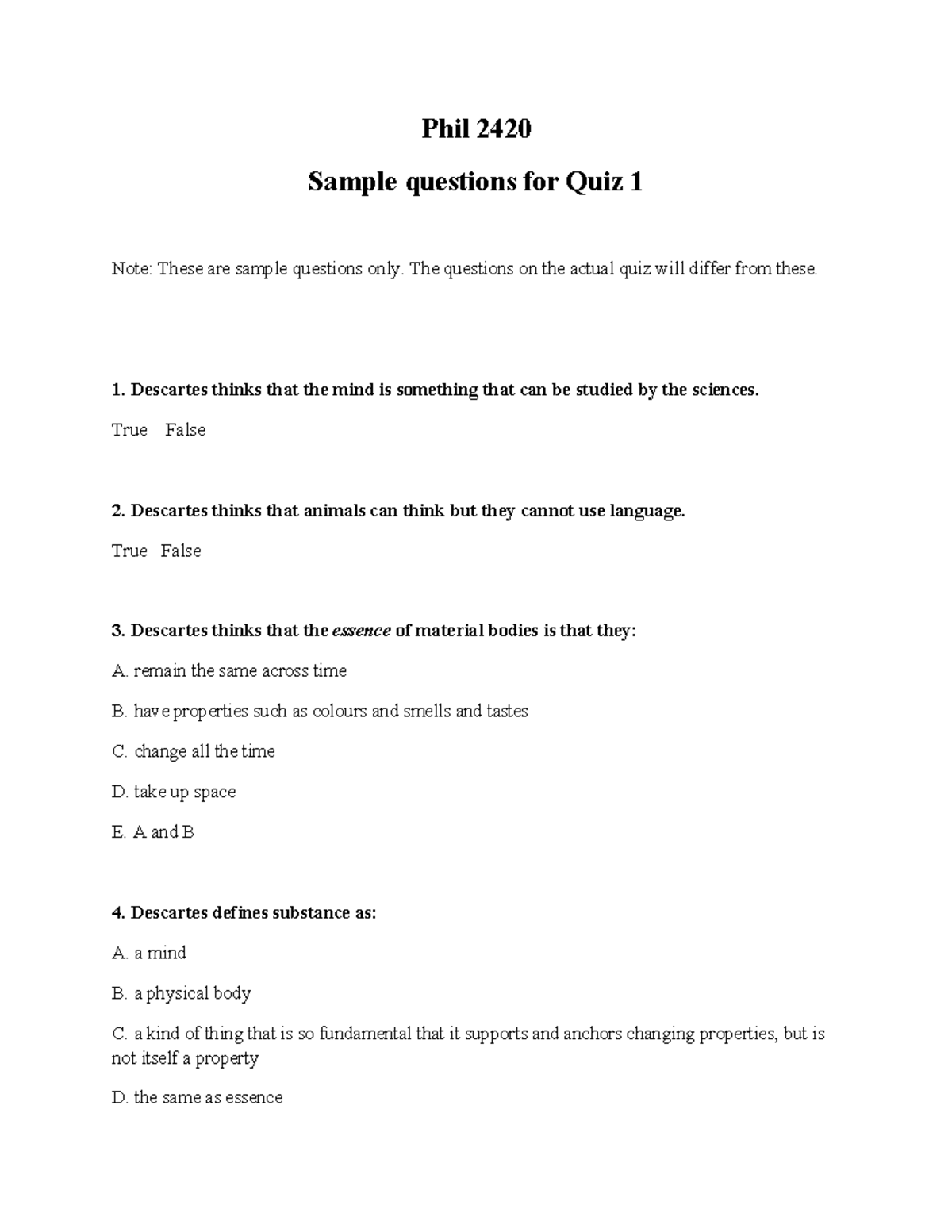 Phil 2420 Quiz 1 Sample Questions and Answers - Studocu