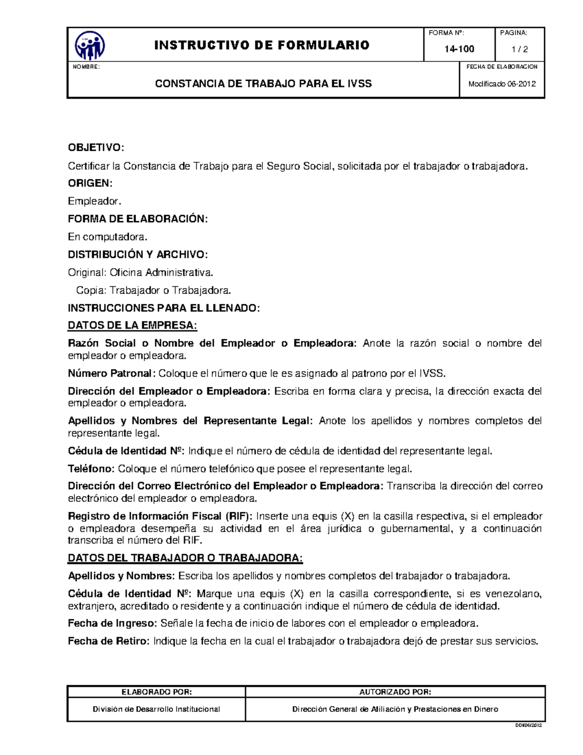 Instructivo 14-100: Certificación de Trabajo para IVSS - Studocu