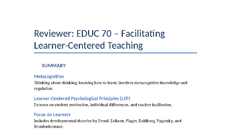 EDUC 70 Reviewer: Summary of Metacognition & Learning Theories - Studocu