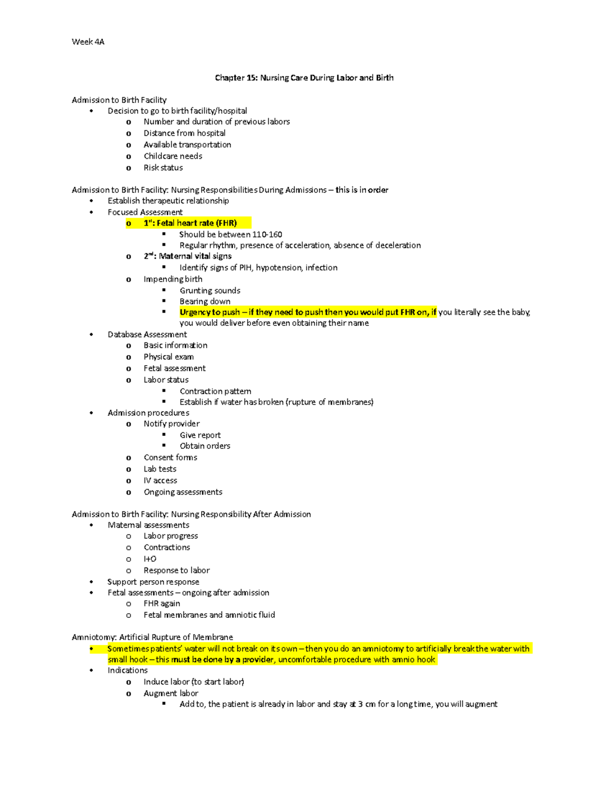 Week 4A Nursing Care During Labor & Birth - Chapter 15 Notes - Studocu