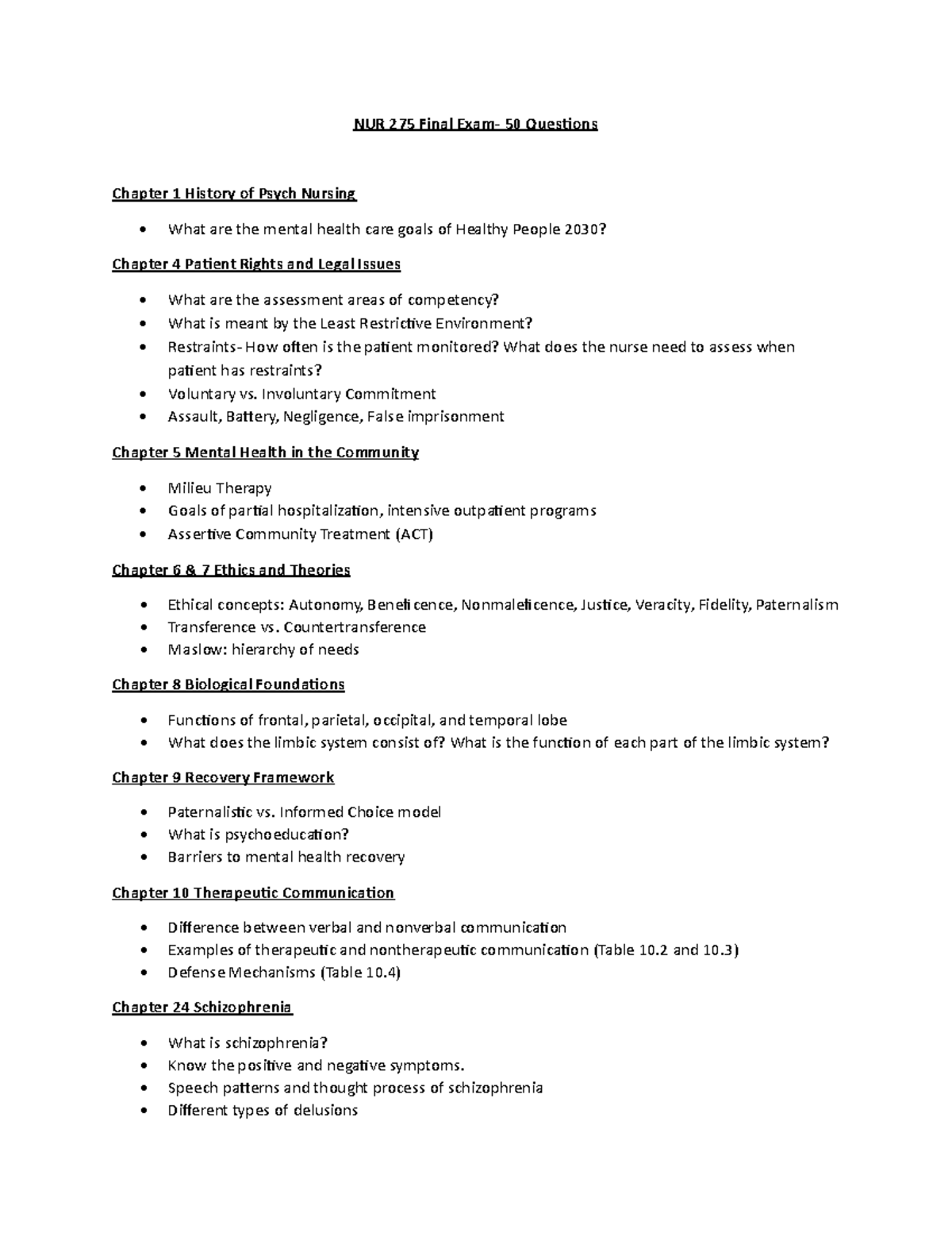 NUR 275 Final Exam Topics: Key Concepts in Psych Nursing - Studocu