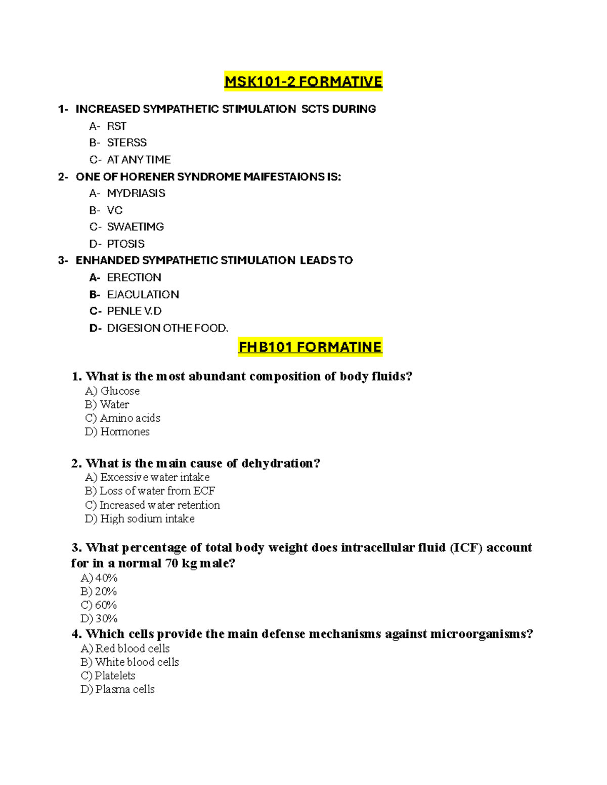 FHB101 Physiology Formative Exam: Body Fluids & Defense Mechanisms ...