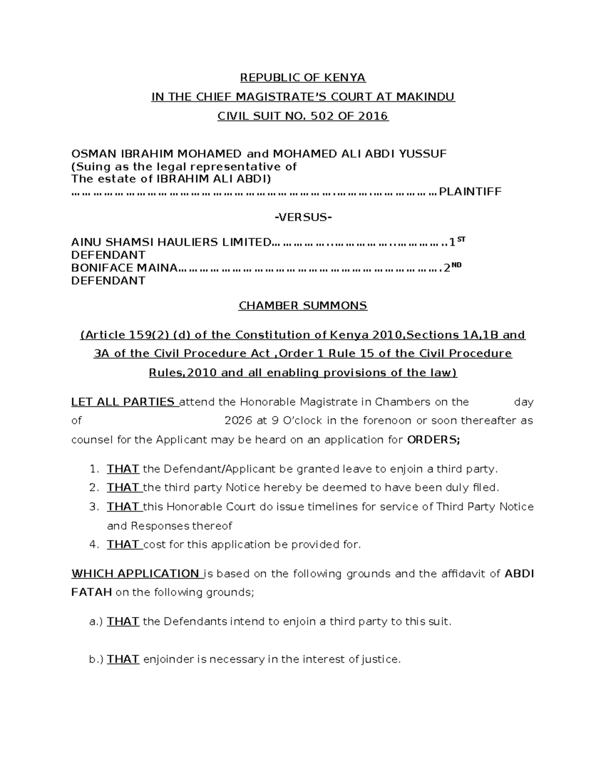 Chamber Summons in Civil Suit No. 502 of 2016 - Kenya - Studocu