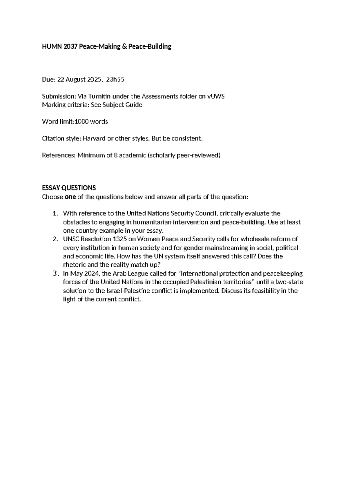 HUMN 2037 Essay Questions & Guidelines for August 2025 Submission - Studocu