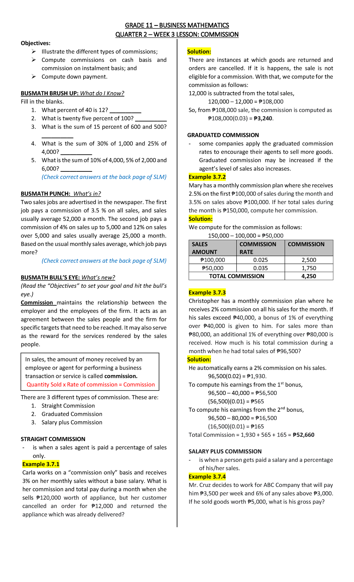 BUSMATH G11 Q2 WK3 - LESSON ON COMMISSION COMPUTATION - Studocu