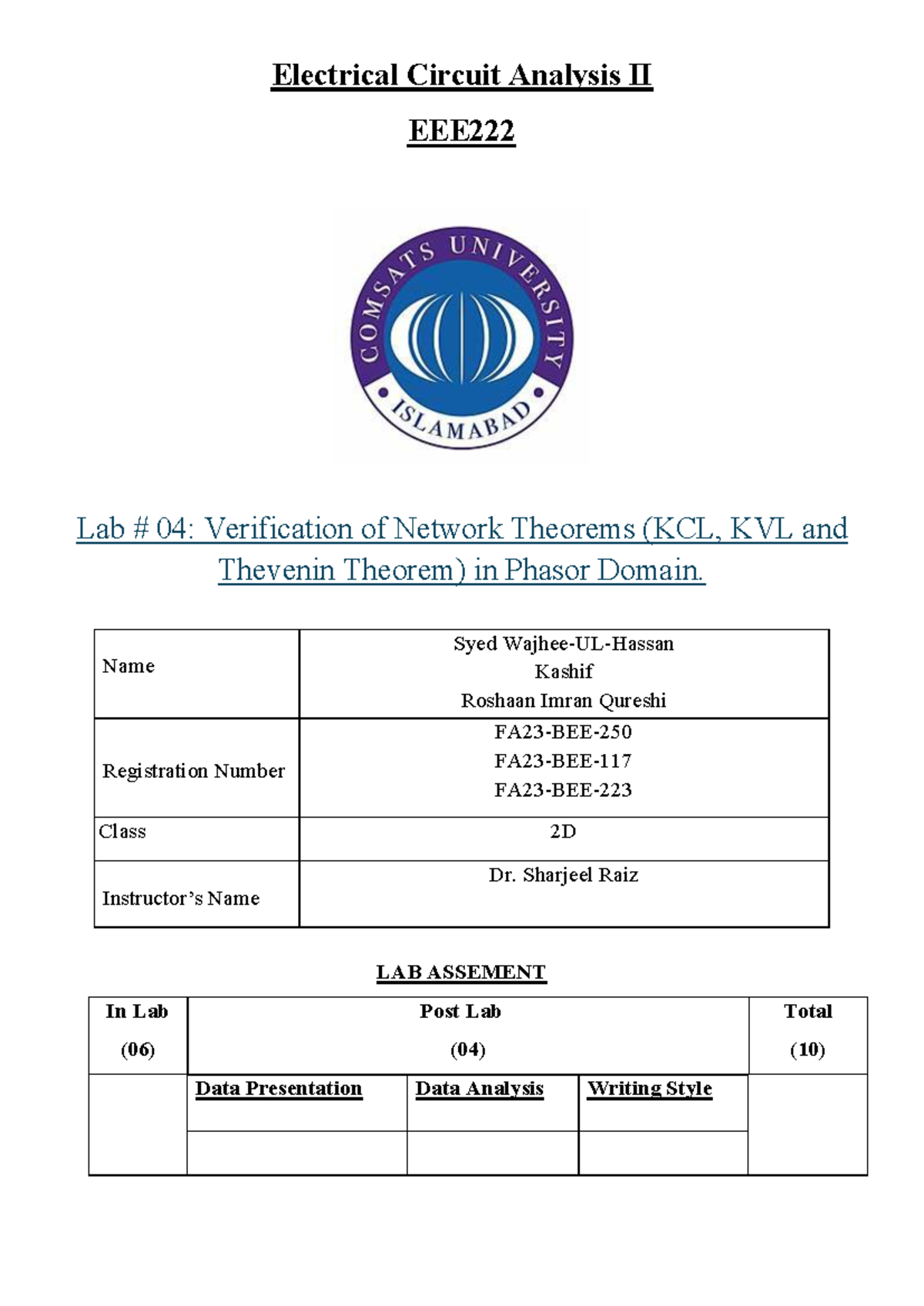 Electrical Circuit Analysis II Lab 04: Verifying KCL, KVL & Thevenin ...