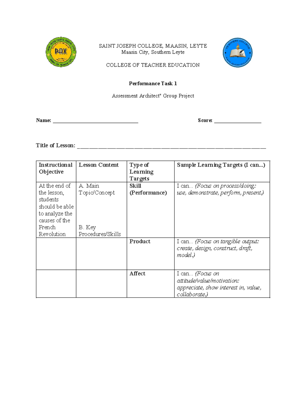 Performance Task 1: Analyzing the French Revolution - SAINT JOSEPH ...