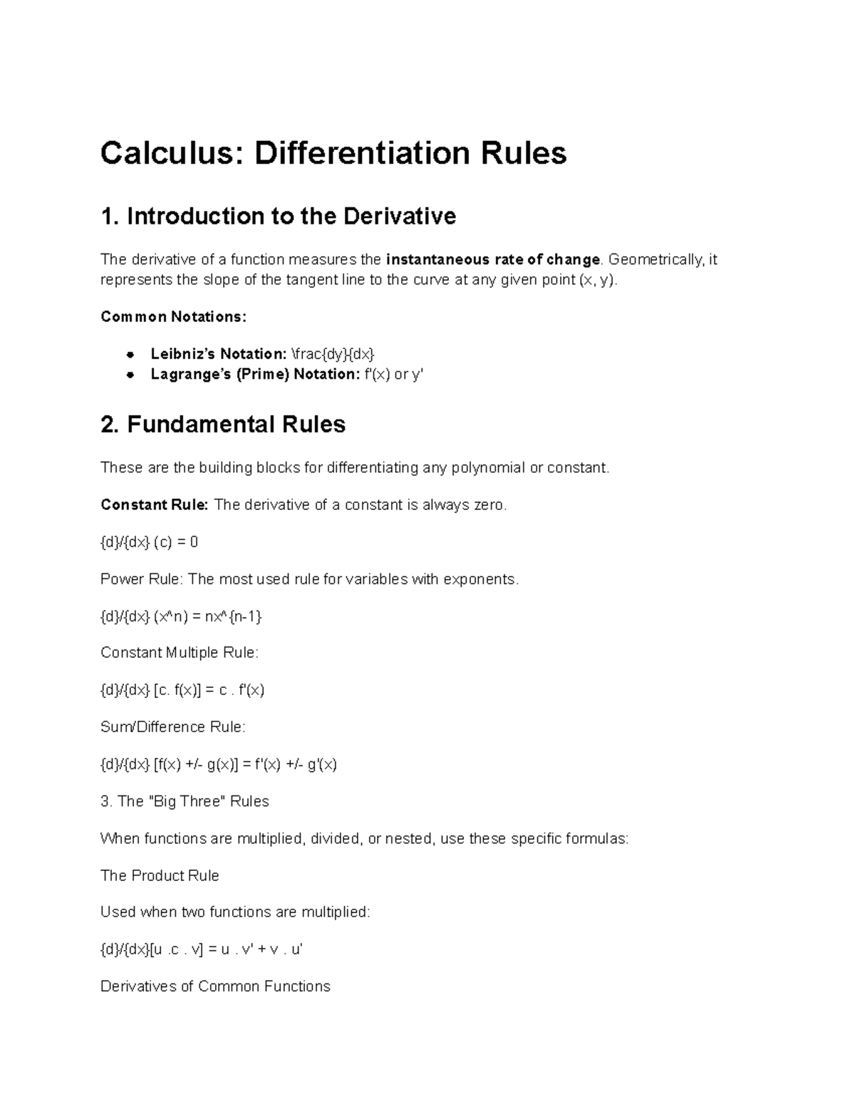 Calculus: Differentiation Rules and Derivative Concepts - Studocu