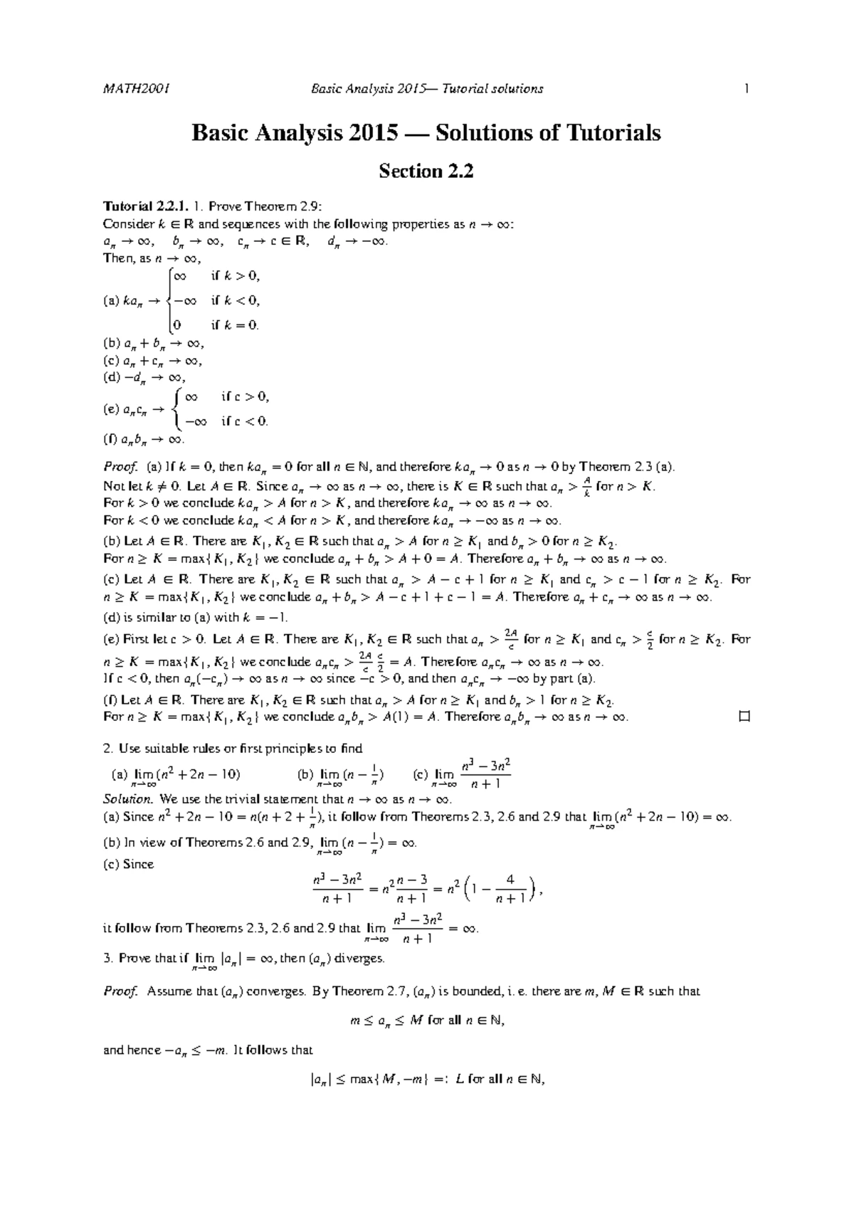 Tutorial 1.1 - Solutions Part A Copy - MATH2001 Basic Analysis 2016 ...