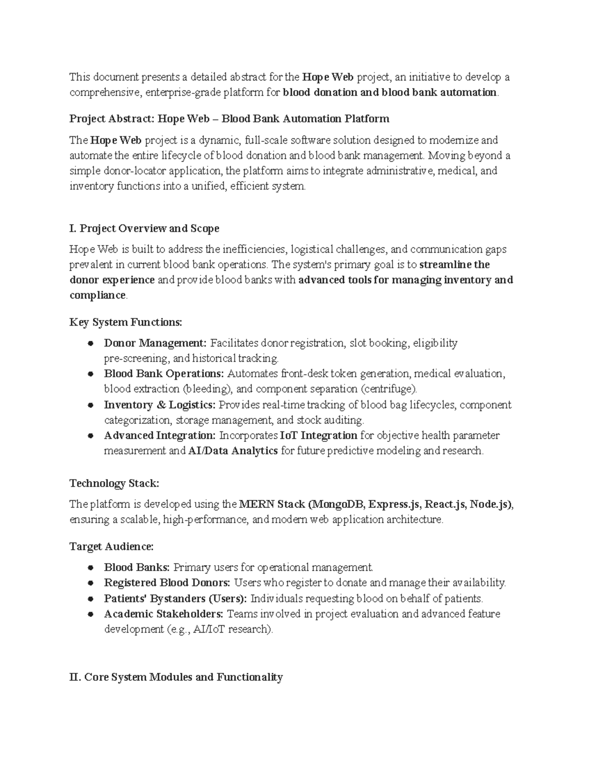 Hope Web Project Abstract: Blood Bank Automation Overview - Studocu