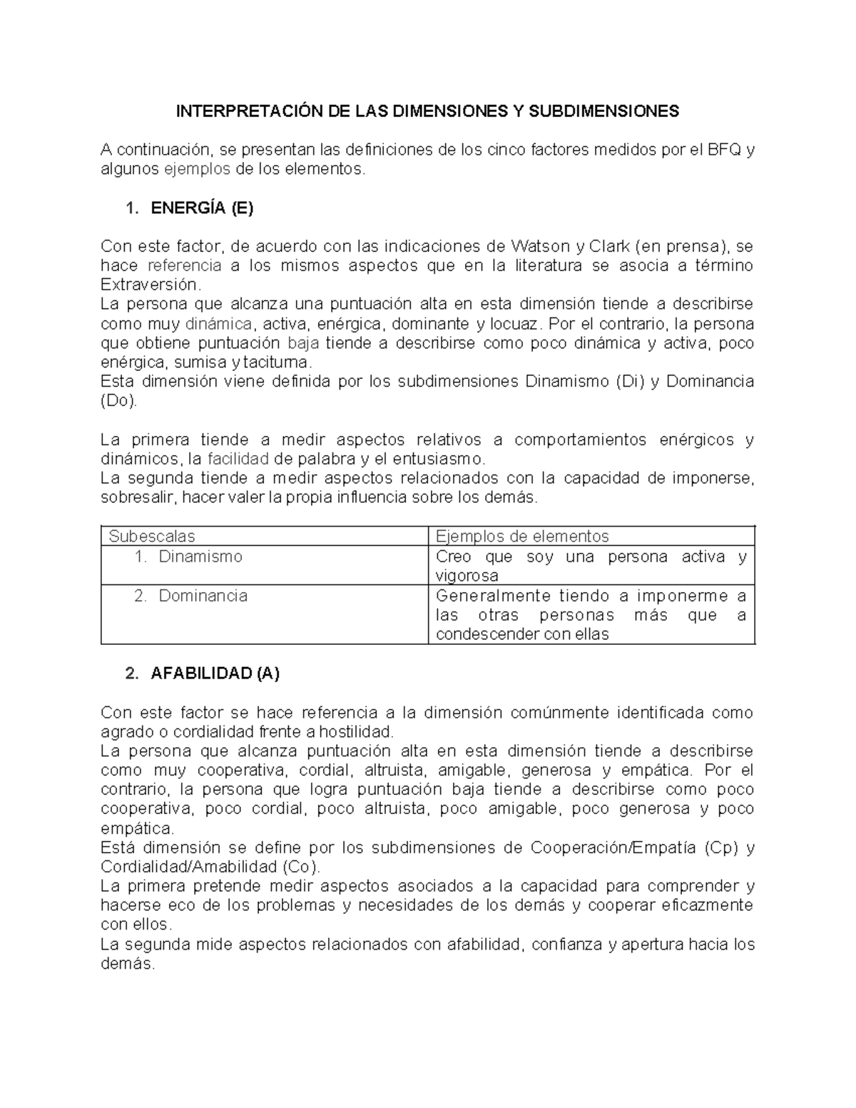 BFQ: Interpretación de Dimensiones y Subdimensiones del BFQ - Studocu