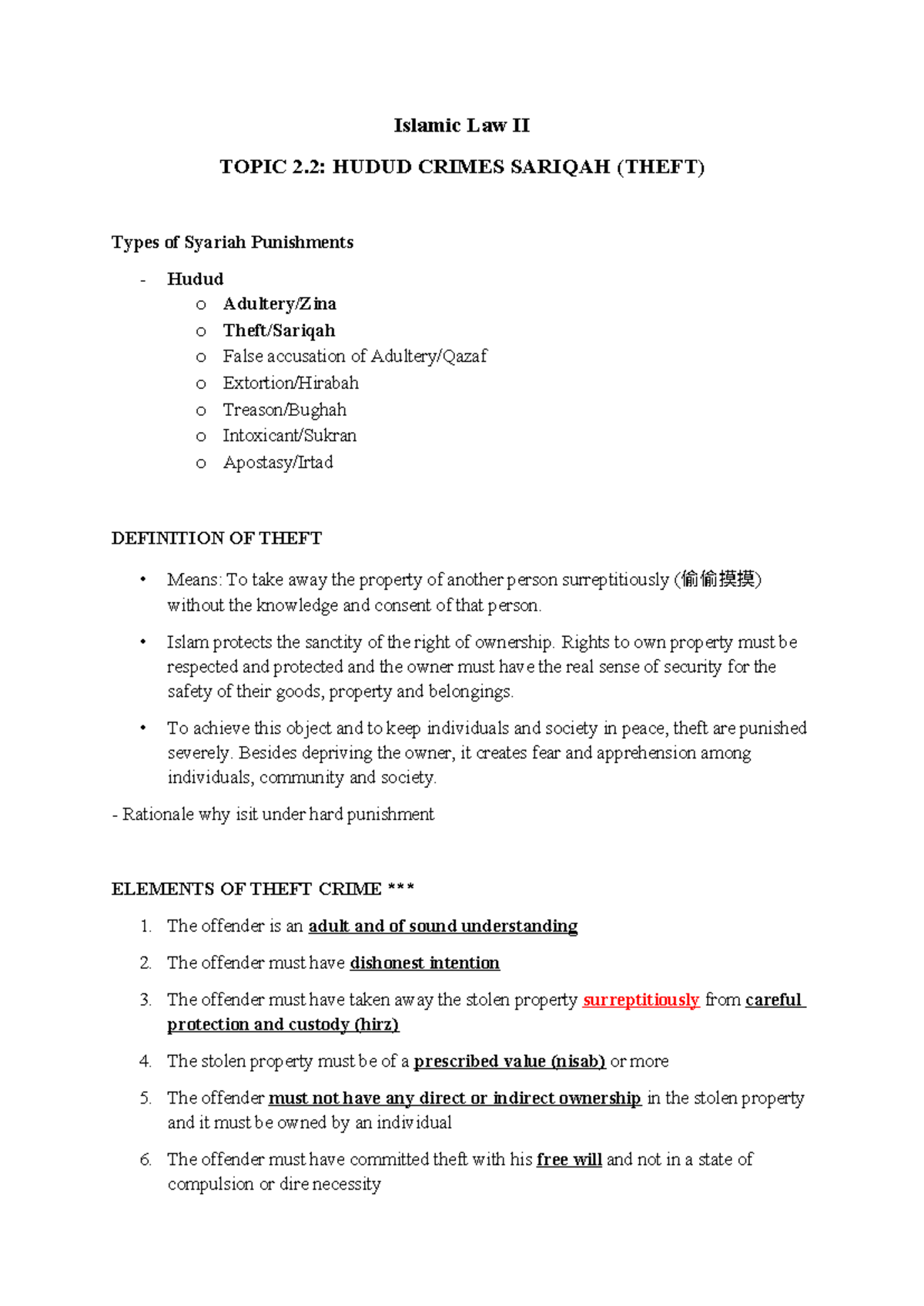 Islamic Law II: Chapter 2 - Hudud Crimes and Theft (Sariqah) Analysis ...