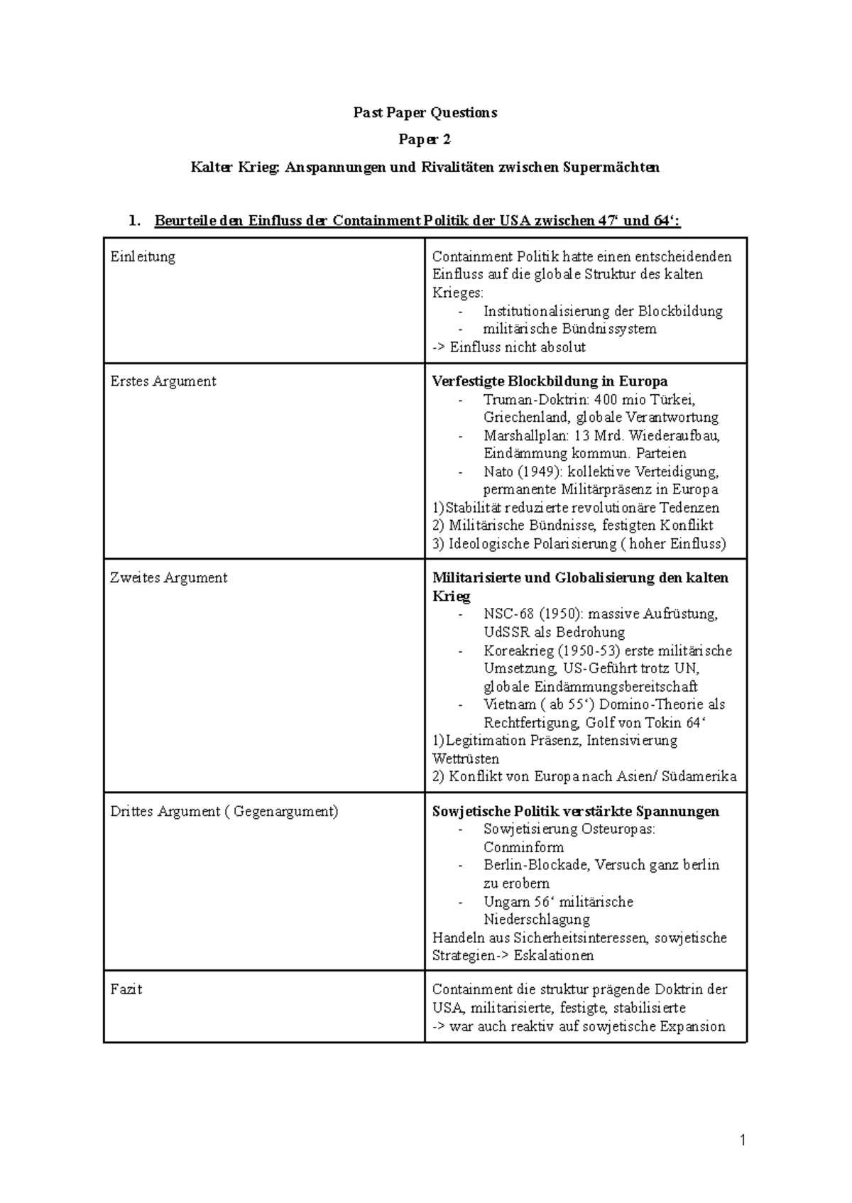 Paper 2: Einfluss der Containment-Politik im Kalten Krieg - Fragen ...