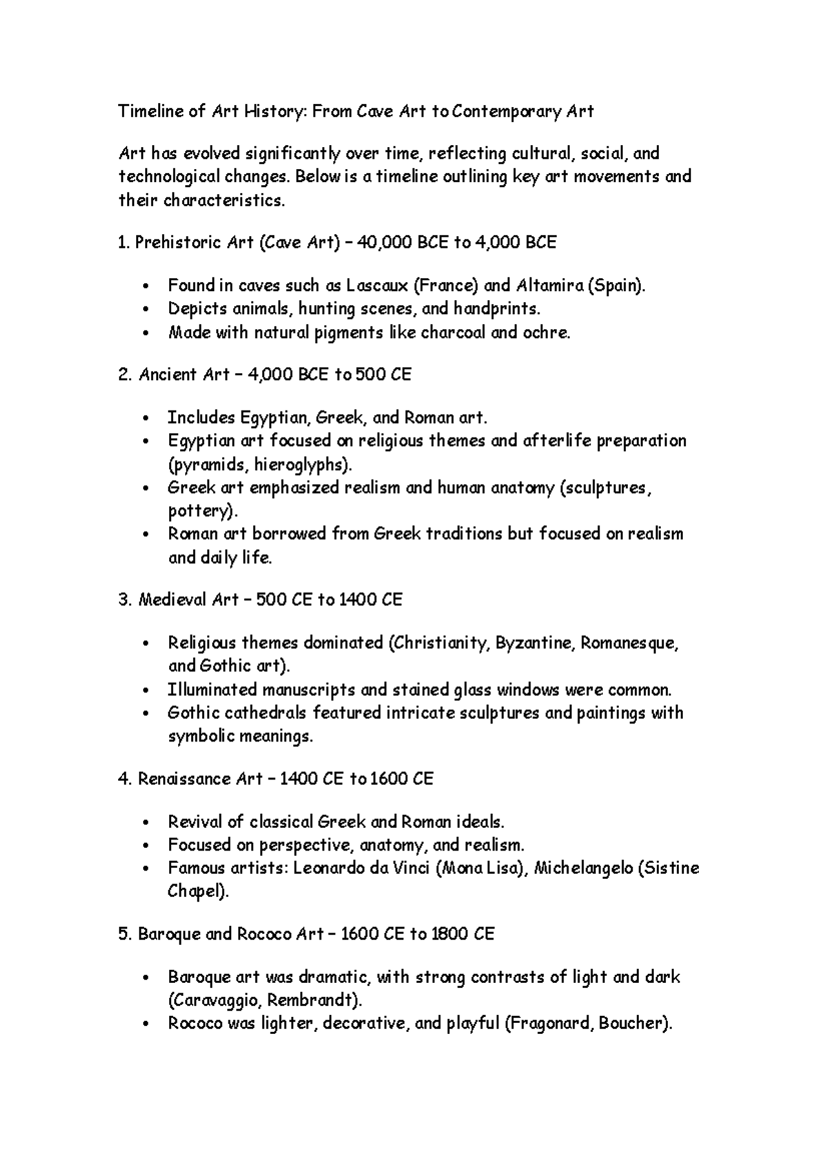 Classwork 9th A Timeline Information - Timeline of Art History: From ...