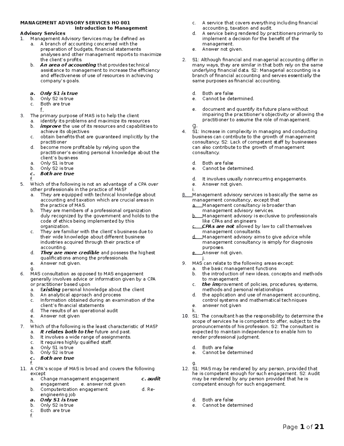 MANAGEMENT ADVISORY SERVICES HO 001 Introduction to Management - BS ...