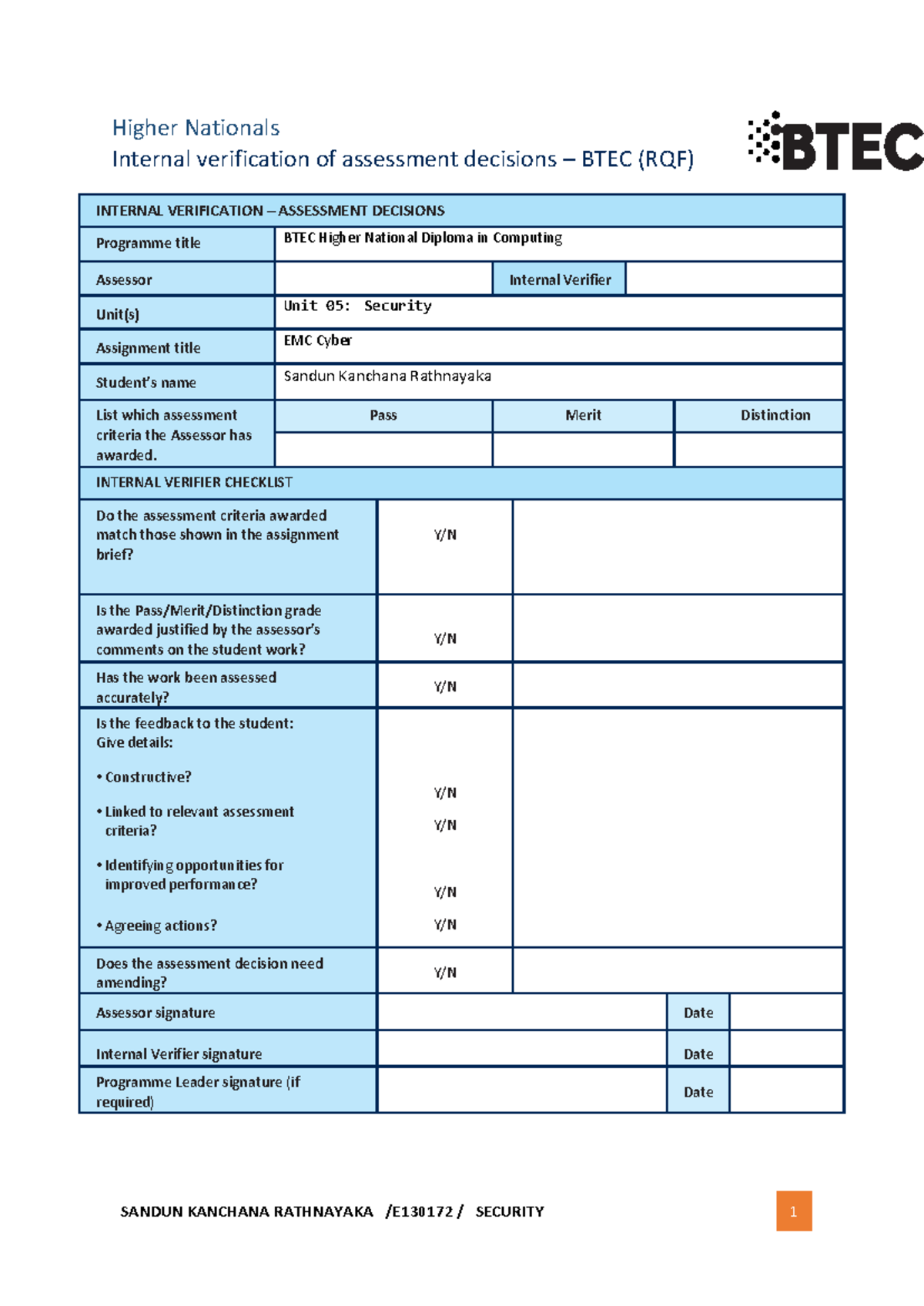 BTEC HND in Computing E130172 Unit 05: Security Internal Verification ...