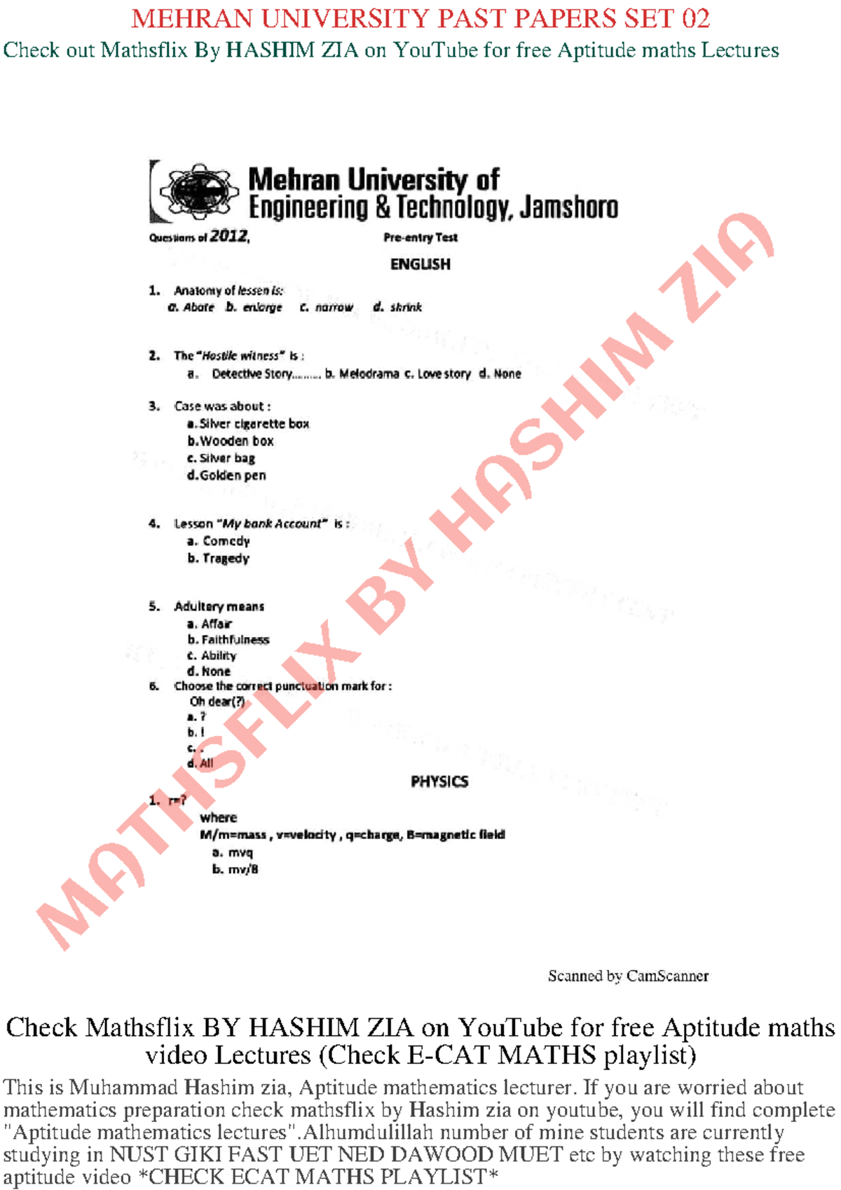 Mehran University PAST Papers SET 02 - MATHSFLIX BY HASHIM ZIA Check ...