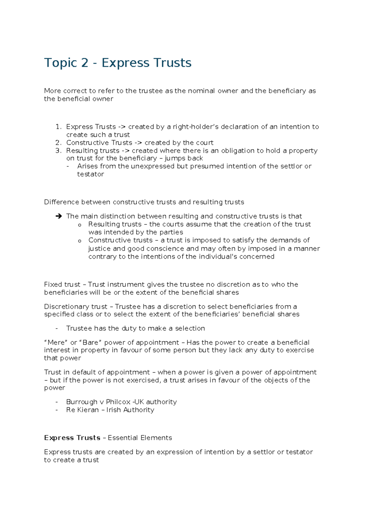 Equity Notes: Express Trusts and Their Essential Elements - Studocu
