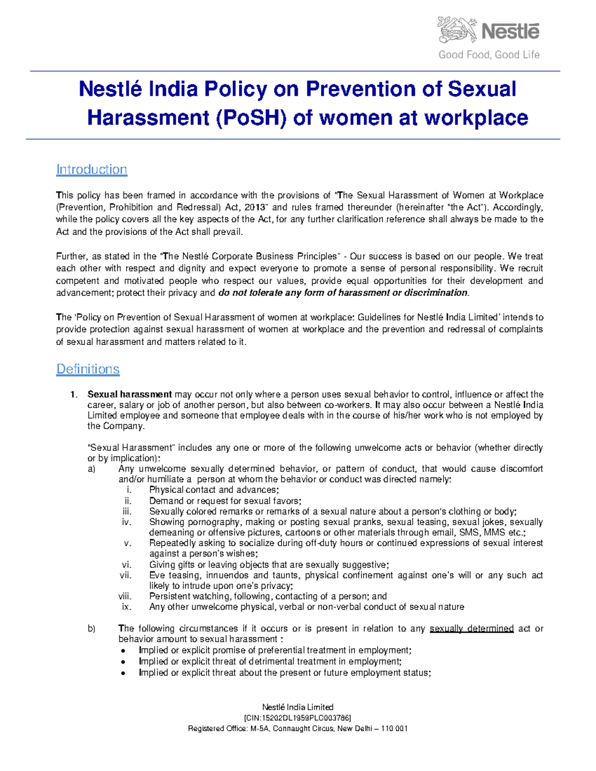 Nestlé India PoSH Policy: Prevention of Sexual Harassment at Workplace ...