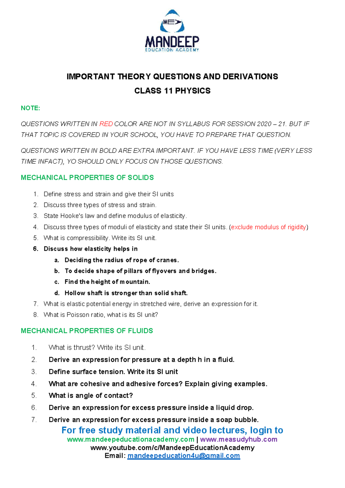 Class 11 Physics: Important Theory Questions & Derivations - Studocu